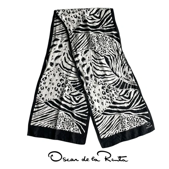 Oscar De La Renta Vintage Silk Scarf Animal print zebra leopard black white - Picture 2 of 10